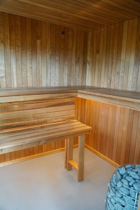 Eluna outdoor sauna interior with two tier bench system